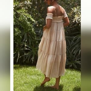 Off-Shoulder Beige Sarah Hann (Anthropologie) Smocked Tiered Dress
